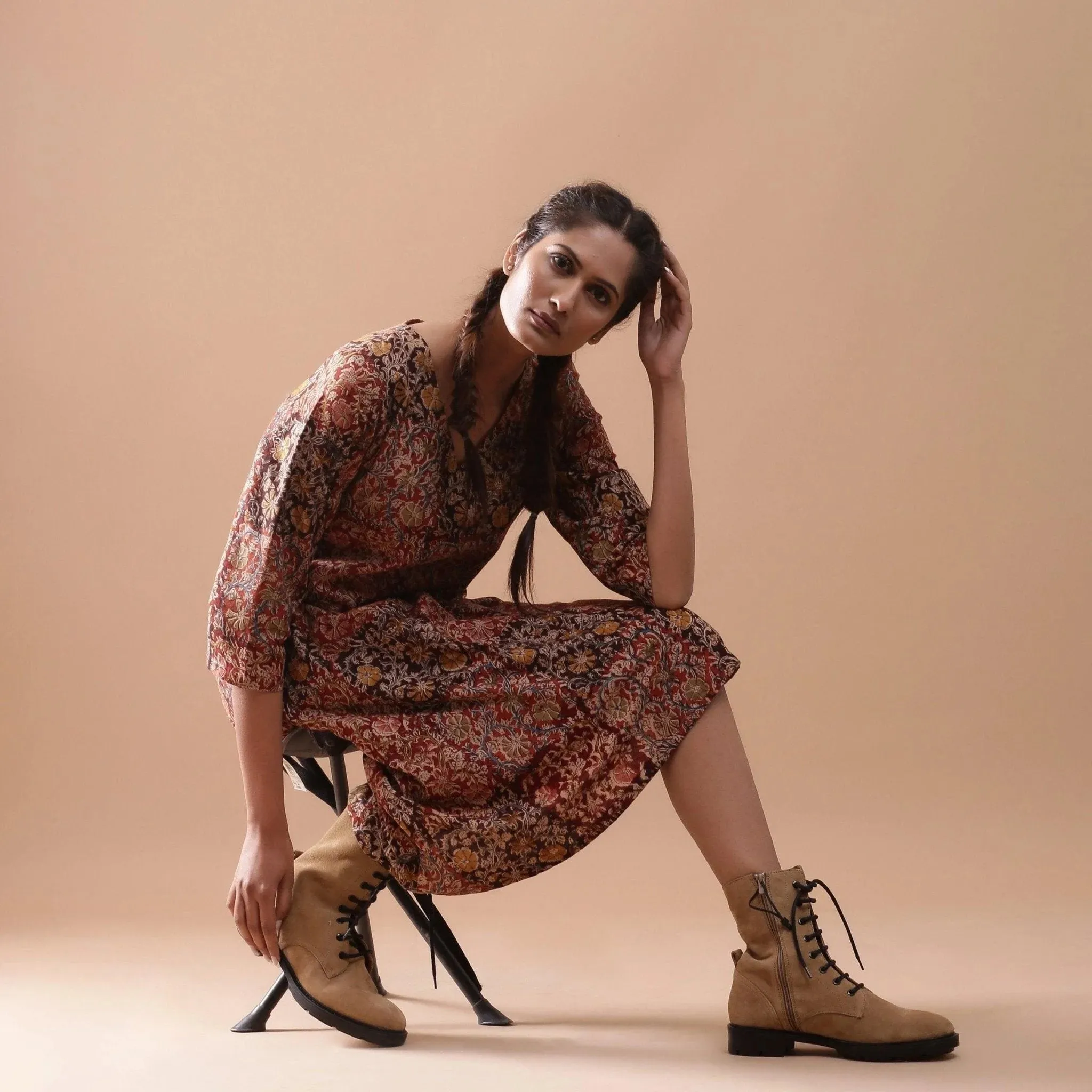 Warm Block Printed Muddy Red Cotton Midi Dress