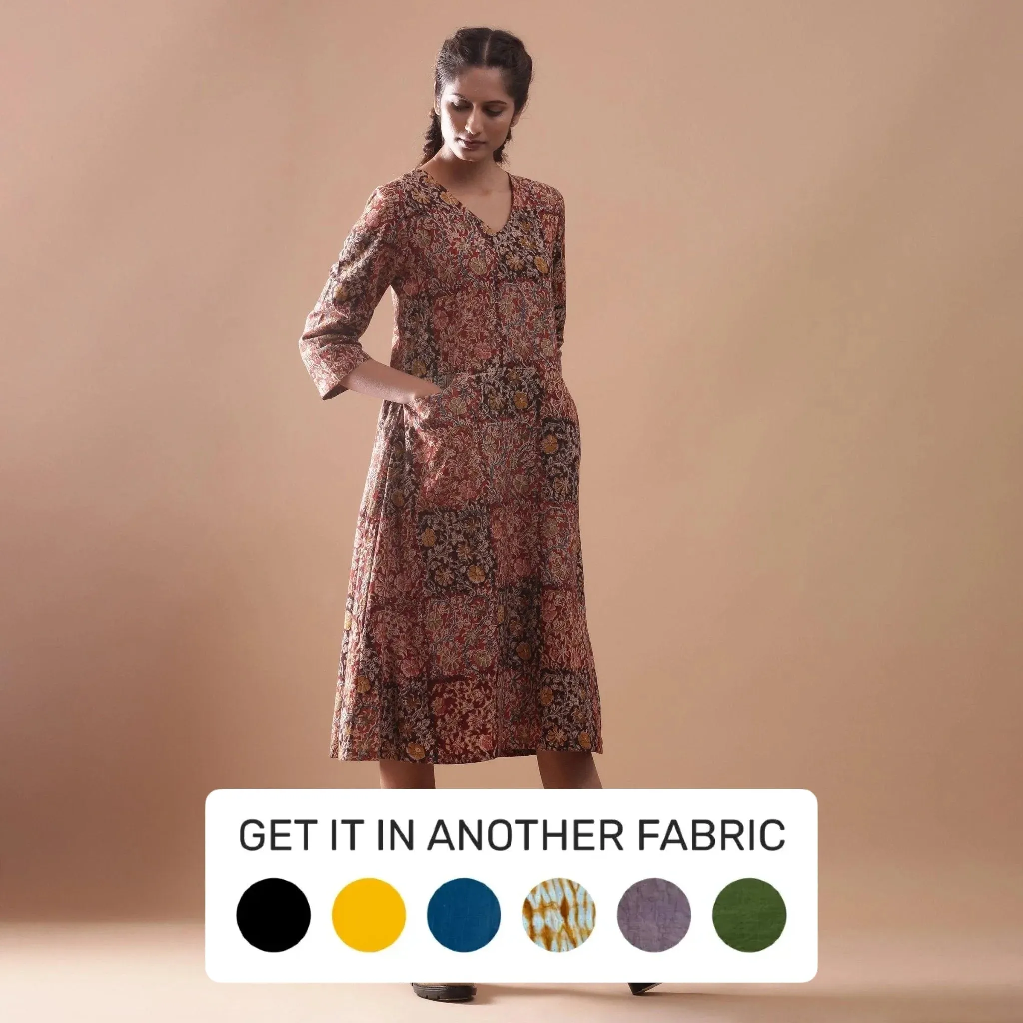 Warm Block Printed Muddy Red Cotton Midi Dress