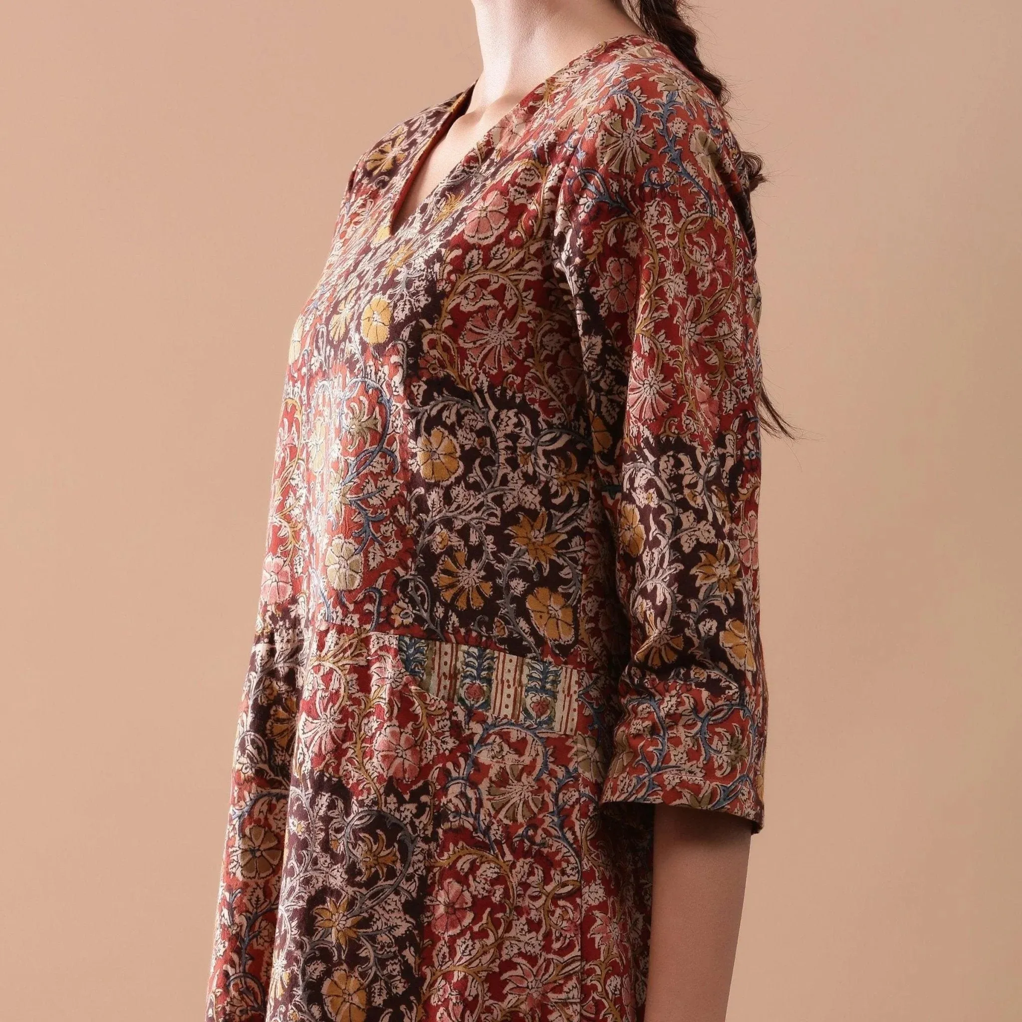 Warm Block Printed Muddy Red Cotton Midi Dress