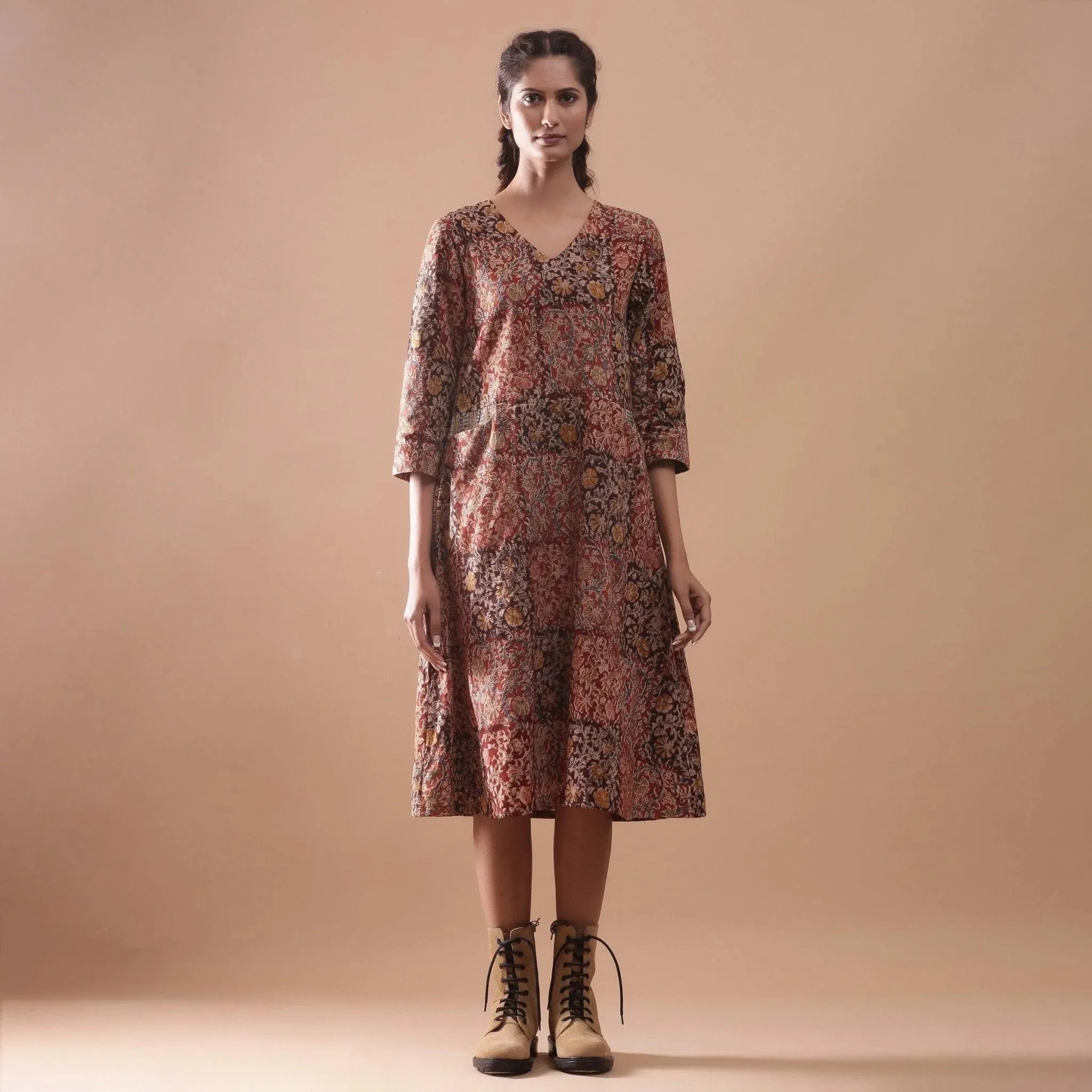 Warm Block Printed Muddy Red Cotton Midi Dress