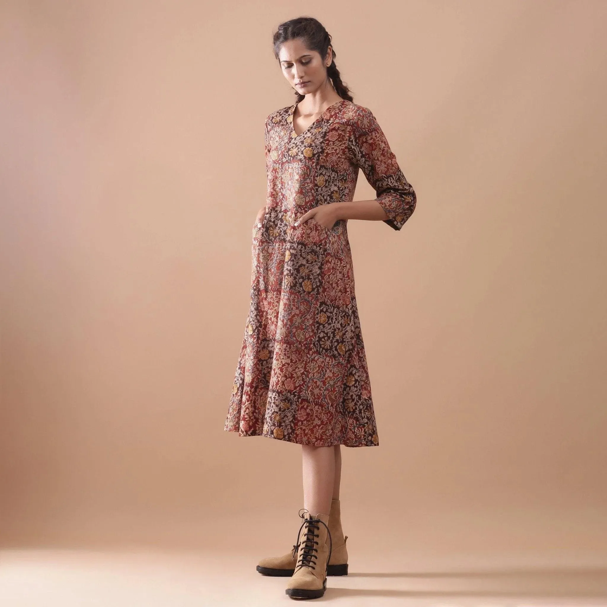 Warm Block Printed Muddy Red Cotton Midi Dress