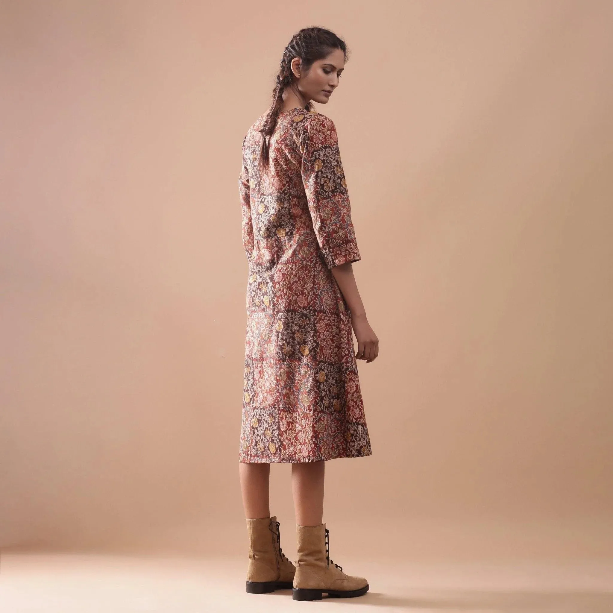 Warm Block Printed Muddy Red Cotton Midi Dress