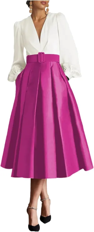 White Fuchsia Long Sleeves Elegant Evening Dresses for Women Plus Size V Neck Tea Length Satin Formal Prom Party Dress Midi A Line Wedding Guest Dress with Pocket US20W