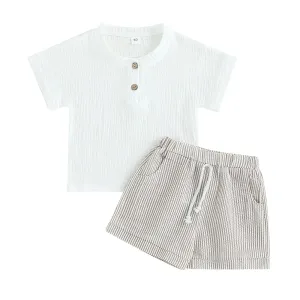 White Linen Striped Toddler Set