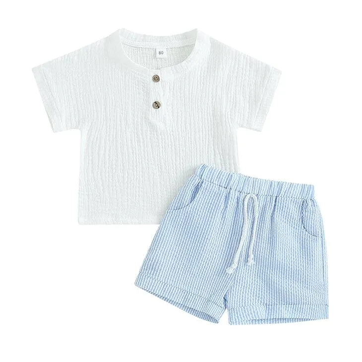 White Linen Striped Toddler Set