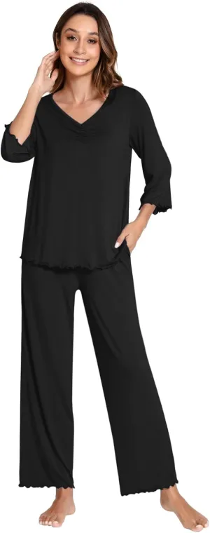 WiWi Womens 2 Piece Pajamas Set V-Neck Loungewear with Pocket Viascose from Bamboo 3/4 Sleeve sleepwear Set S-XXL