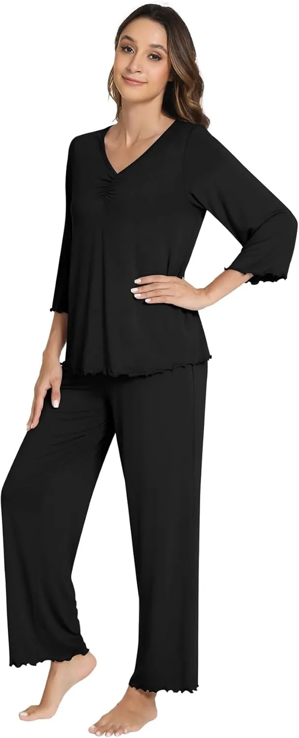 WiWi Womens 2 Piece Pajamas Set V-Neck Loungewear with Pocket Viascose from Bamboo 3/4 Sleeve sleepwear Set S-XXL