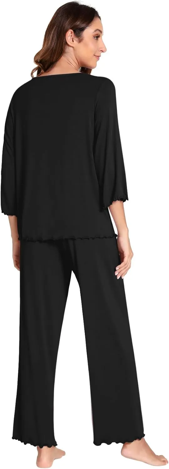 WiWi Womens 2 Piece Pajamas Set V-Neck Loungewear with Pocket Viascose from Bamboo 3/4 Sleeve sleepwear Set S-XXL