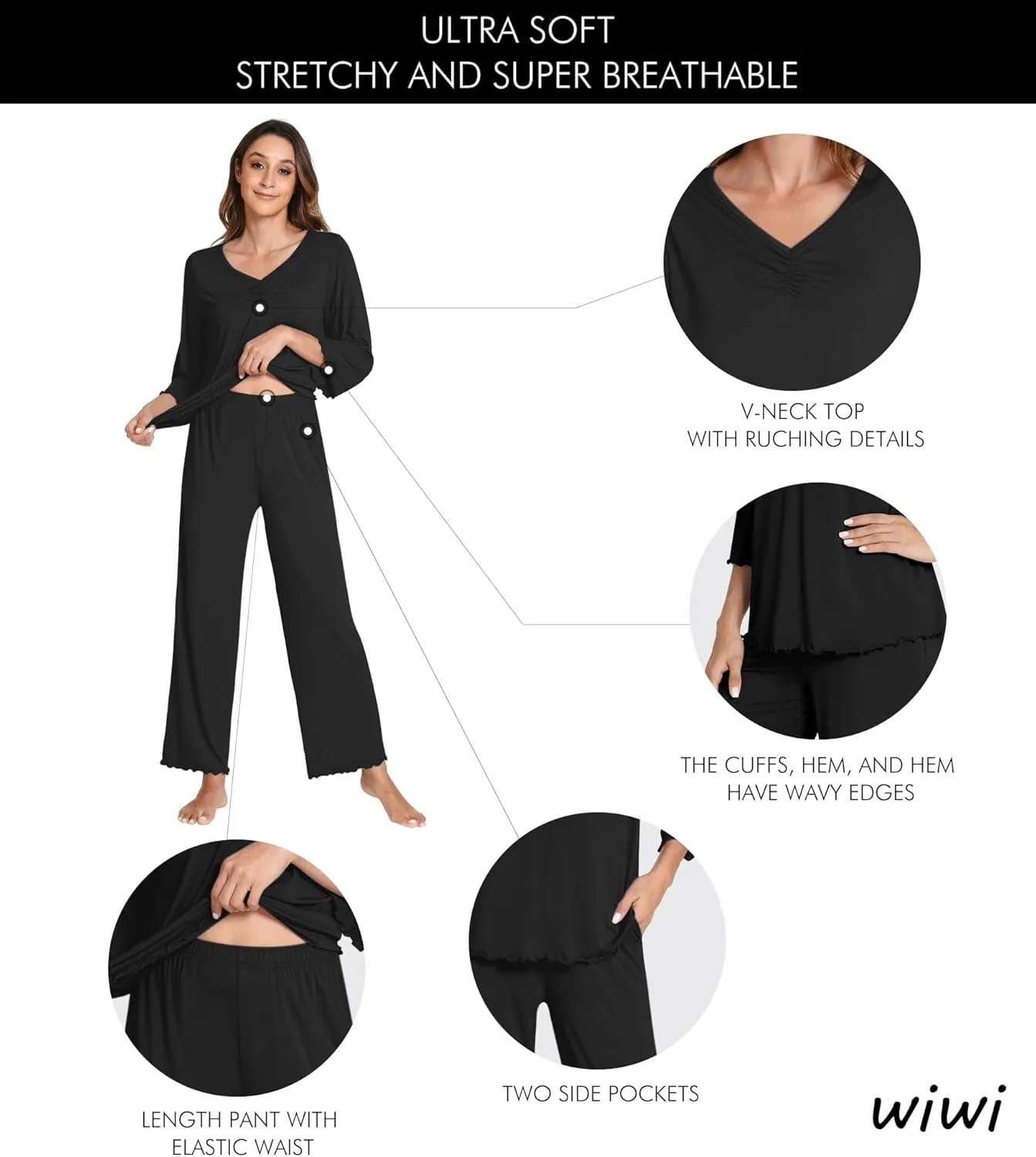 WiWi Womens 2 Piece Pajamas Set V-Neck Loungewear with Pocket Viascose from Bamboo 3/4 Sleeve sleepwear Set S-XXL