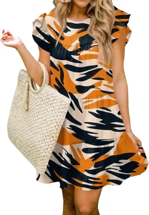 Women Babydoll Summer Casual Crew Neck Ruffle Sleeve Sleeveless Flowy Mini Short Tunic Dress Floral Print Pleated Dress4-Orange,XX-Large
