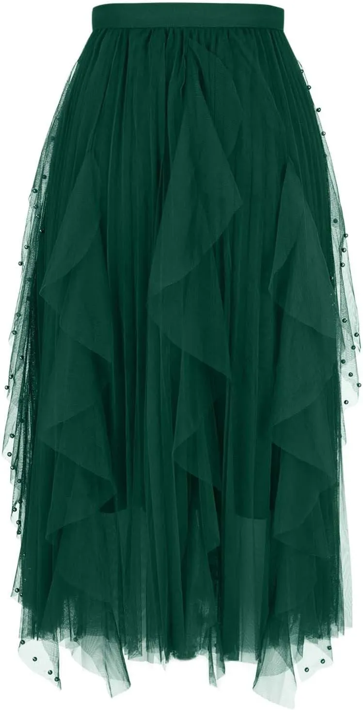 Women Beading Trim Tulle Skirts Ruffle Pleated Midi Length Tutu Skirts Elastic High Waisted Elegant A Line Skirt