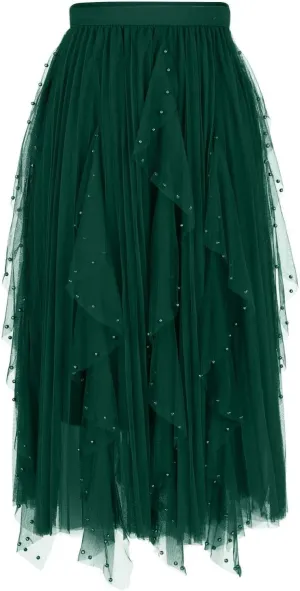 Women Beading Trim Tulle Skirts Ruffle Pleated Midi Length Tutu Skirts Elastic High Waisted Elegant A Line Skirt