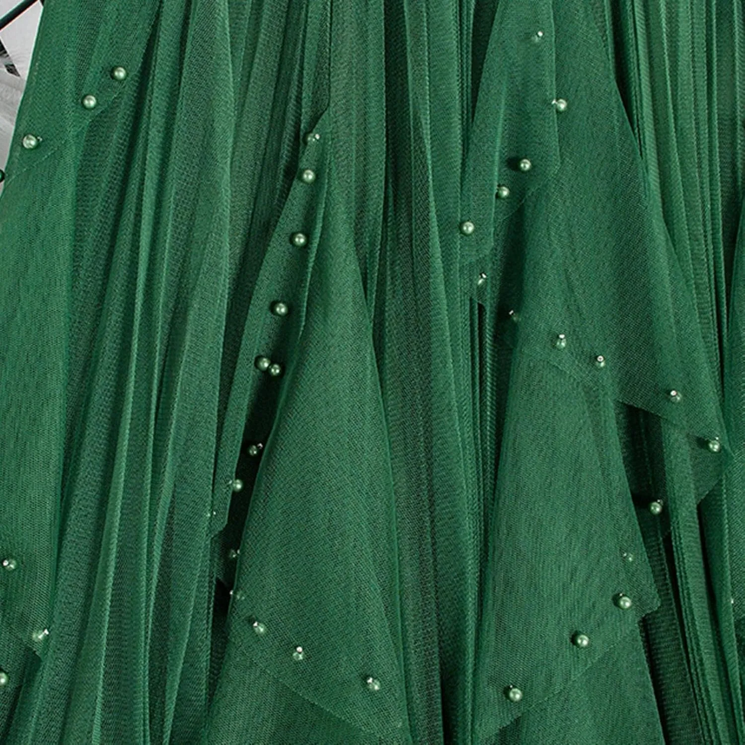 Women Beading Trim Tulle Skirts Ruffle Pleated Midi Length Tutu Skirts Elastic High Waisted Elegant A Line Skirt