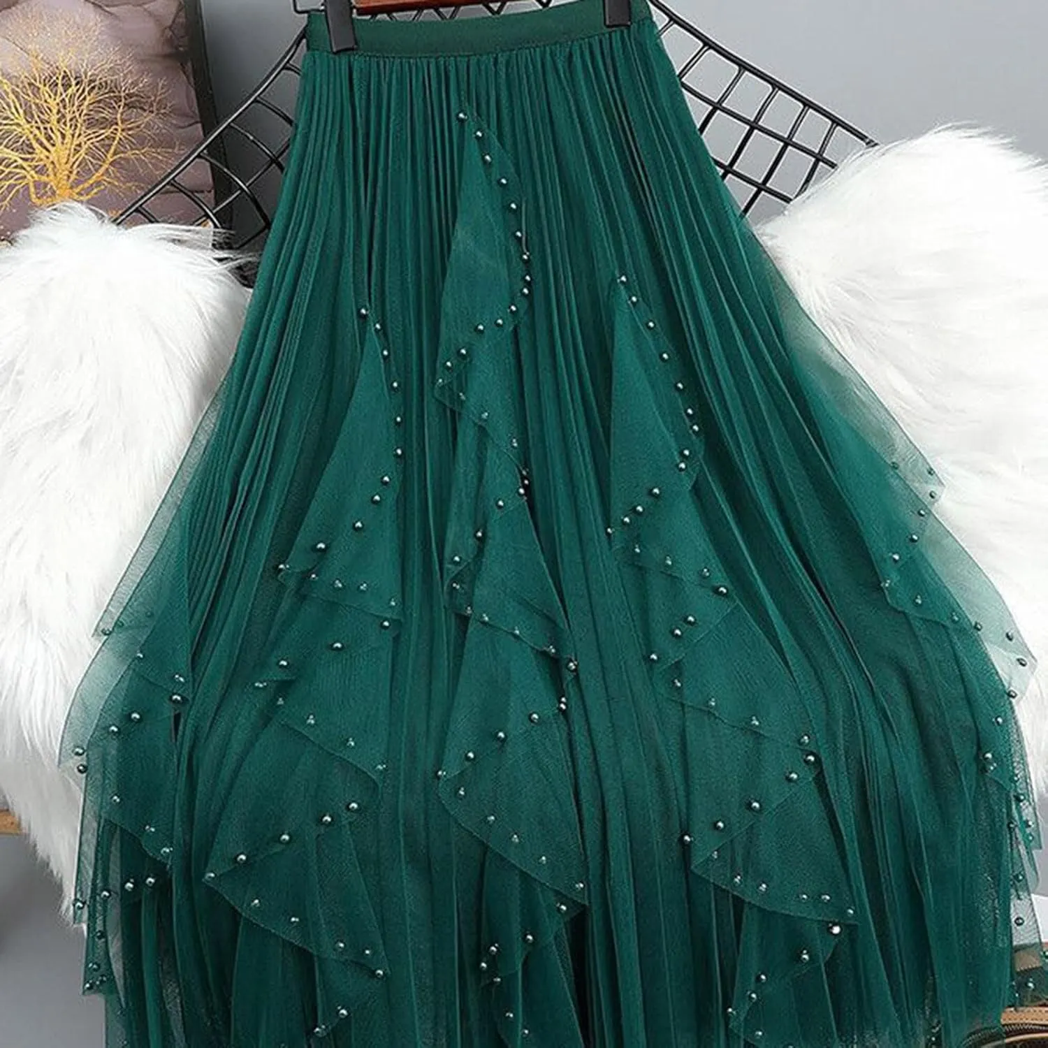 Women Beading Trim Tulle Skirts Ruffle Pleated Midi Length Tutu Skirts Elastic High Waisted Elegant A Line Skirt
