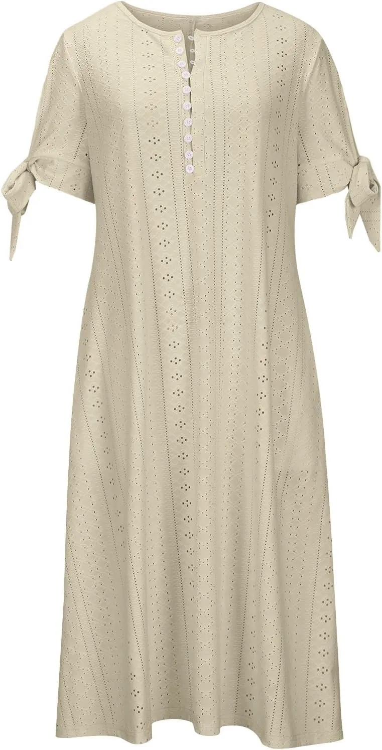 Women Boho Summer Dresses Eyelet V Neck Button Dress Short Sleeve Sundress Beach Vacation Long Dresses with Pockets