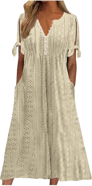 Women Boho Summer Dresses Eyelet V Neck Button Dress Short Sleeve Sundress Beach Vacation Long Dresses with Pockets