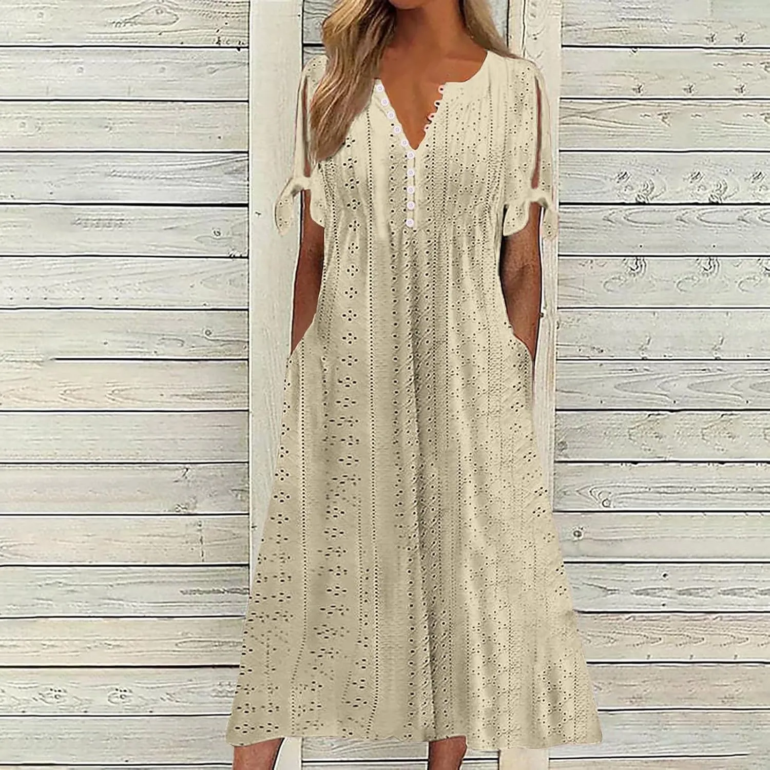 Women Boho Summer Dresses Eyelet V Neck Button Dress Short Sleeve Sundress Beach Vacation Long Dresses with Pockets