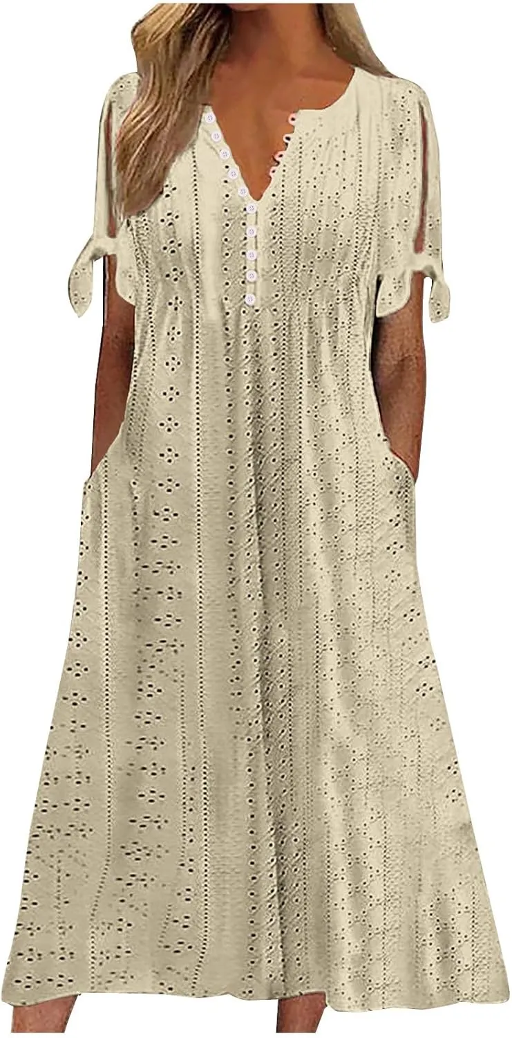Women Boho Summer Dresses Eyelet V Neck Button Dress Short Sleeve Sundress Beach Vacation Long Dresses with Pockets