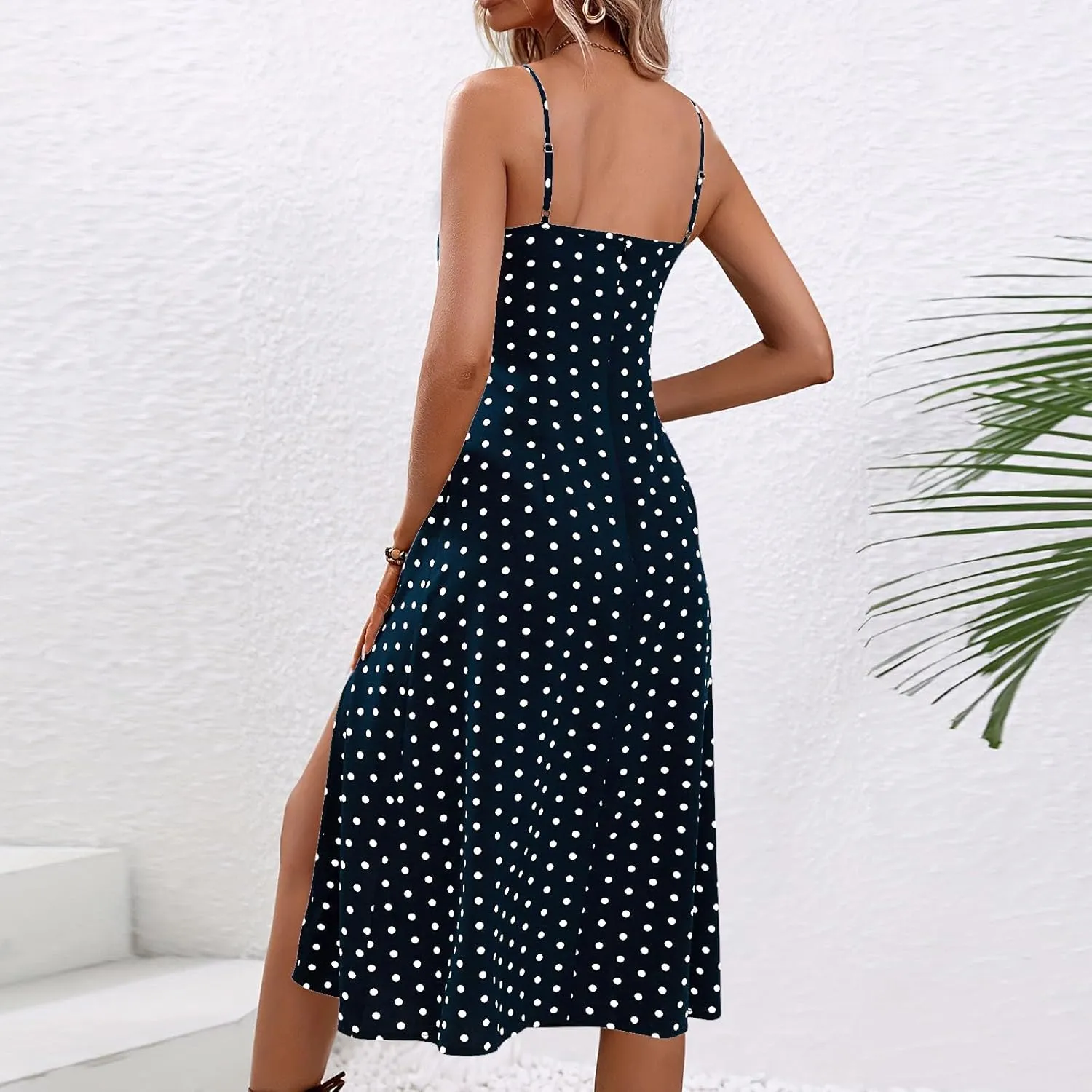 Women Casual Summer Boho Sleeveless Dresses Polka Dot Spaghetti Strap Midi Dress Trendy Split Sundress Travel Wear