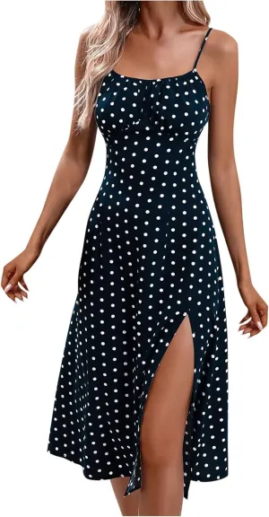 Women Casual Summer Boho Sleeveless Dresses Polka Dot Spaghetti Strap Midi Dress Trendy Split Sundress Travel Wear