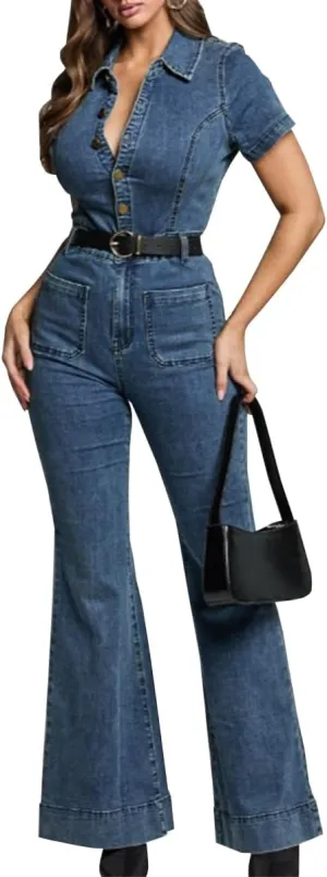 Women Denim Jumpsuit Sexy Slim Fit High Waist Short Sleeves Lapel Buttons Fashion Denim Bell Bottoms Rompers