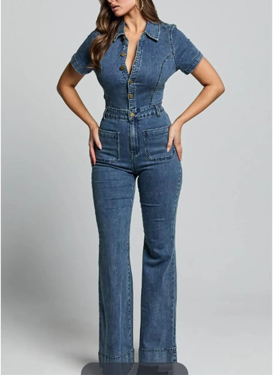 Women Denim Jumpsuit Sexy Slim Fit High Waist Short Sleeves Lapel Buttons Fashion Denim Bell Bottoms Rompers
