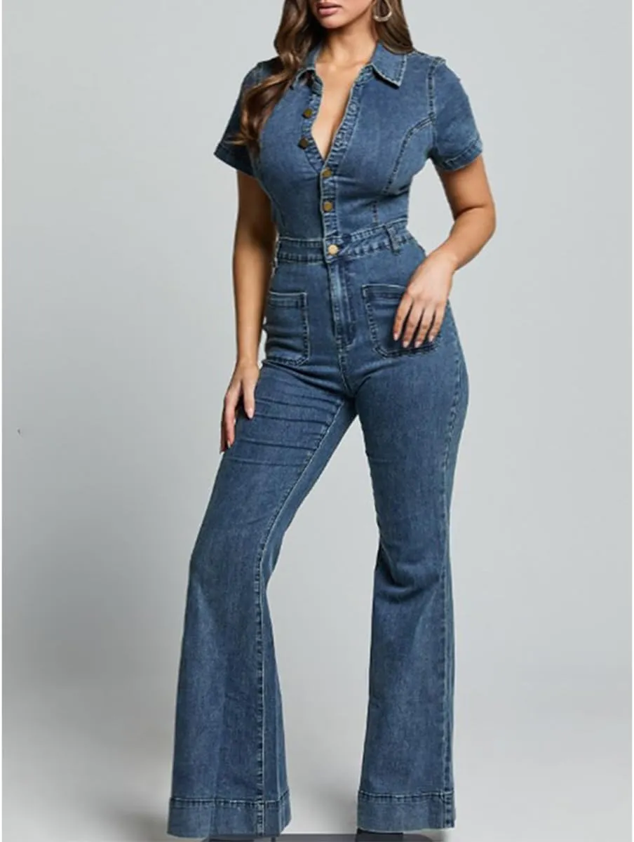 Women Denim Jumpsuit Sexy Slim Fit High Waist Short Sleeves Lapel Buttons Fashion Denim Bell Bottoms Rompers