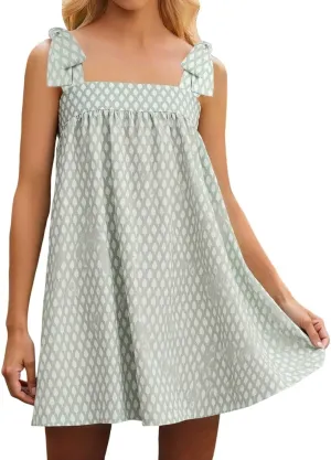 Women Floral Tie Shoulder Mini Dress Cute Square Neck Loose Fit Beach Short Dress Backless Boho Summer Vocation Sundress