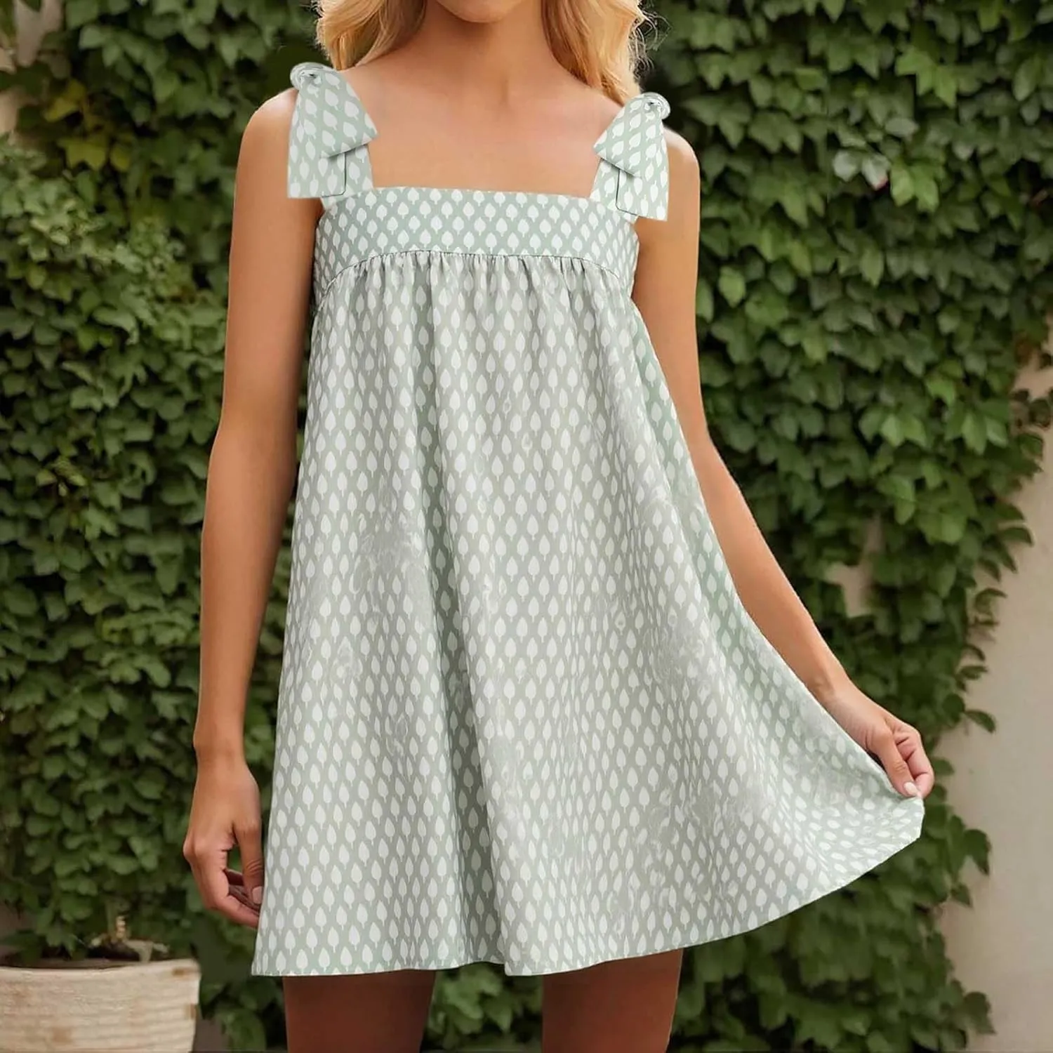 Women Floral Tie Shoulder Mini Dress Cute Square Neck Loose Fit Beach Short Dress Backless Boho Summer Vocation Sundress