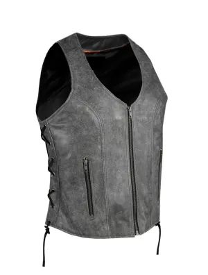 Women Grey Zipper Front Vest Side Laces, CCW Premium Cowhide
