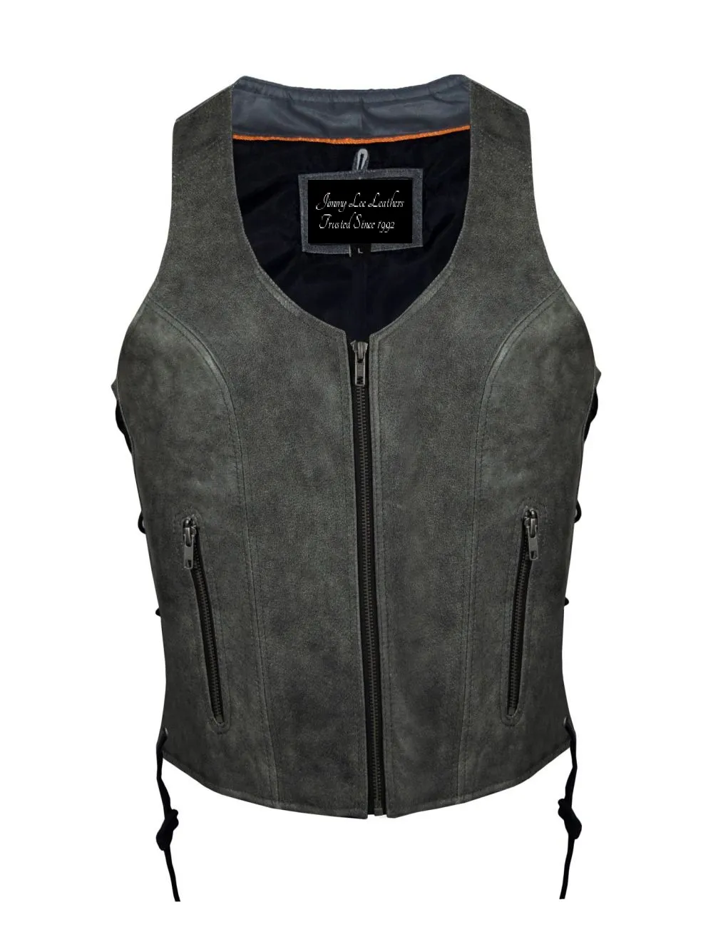 Women Grey Zipper Front Vest Side Laces, CCW Premium Cowhide