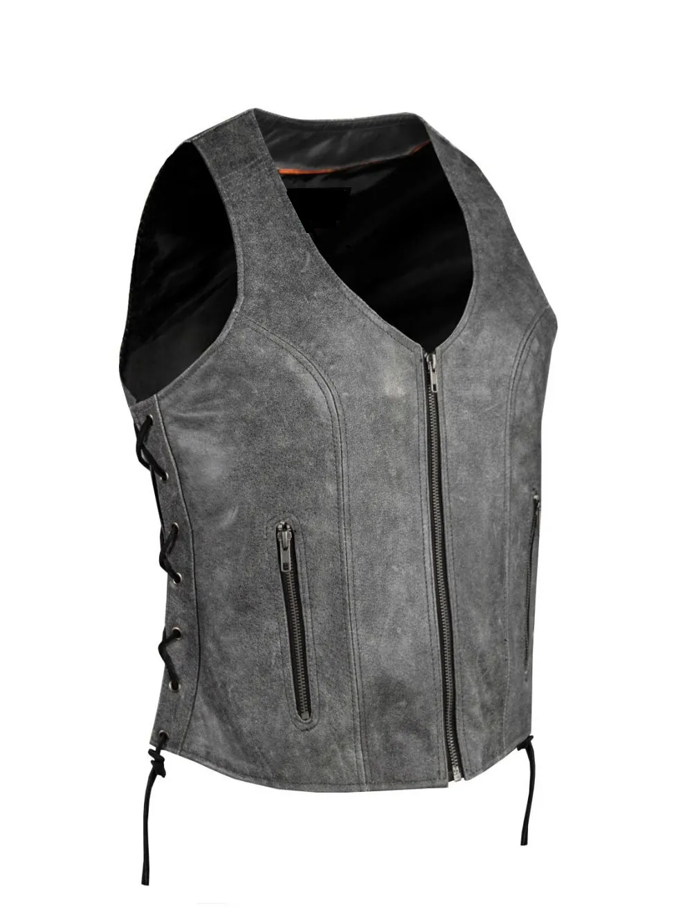 Women Grey Zipper Front Vest Side Laces, CCW Premium Cowhide
