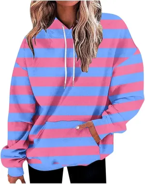 Women Oversized Stripe Sweatshirts Long Sleeve Drawstring Hoodies Trendy Fall Tops with Hood Fall Fashion Clothes