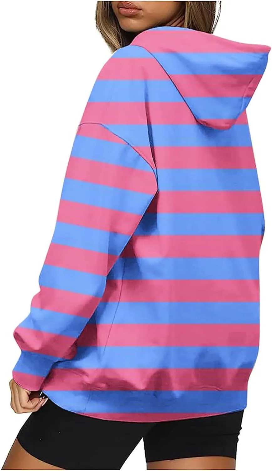 Women Oversized Stripe Sweatshirts Long Sleeve Drawstring Hoodies Trendy Fall Tops with Hood Fall Fashion Clothes