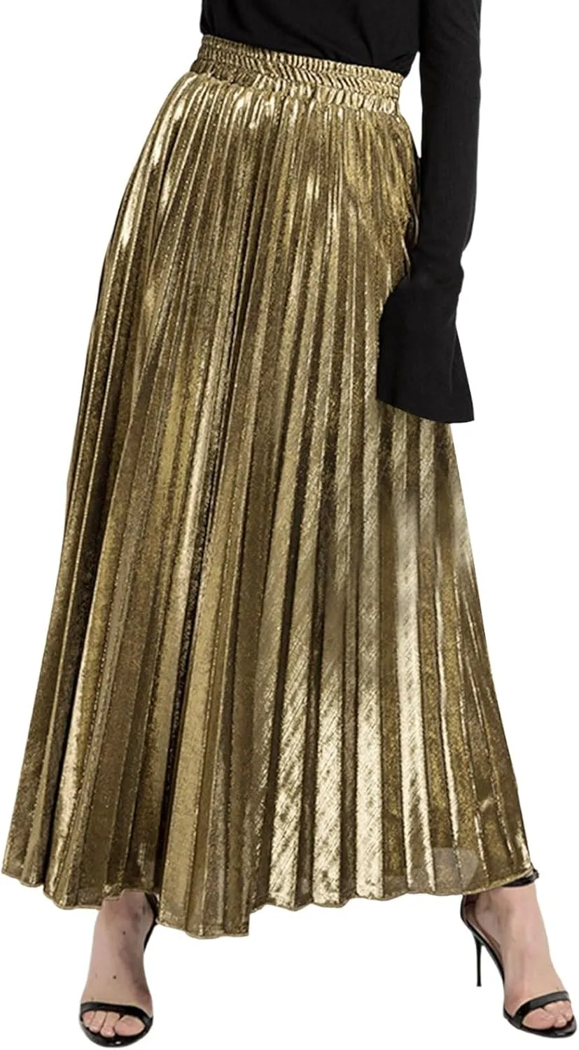Women Pleated A-Line Swing Midi Skirts Elastic High Waist Boho Maxi Long Skirt Plus Size Big Swing Golden Spray