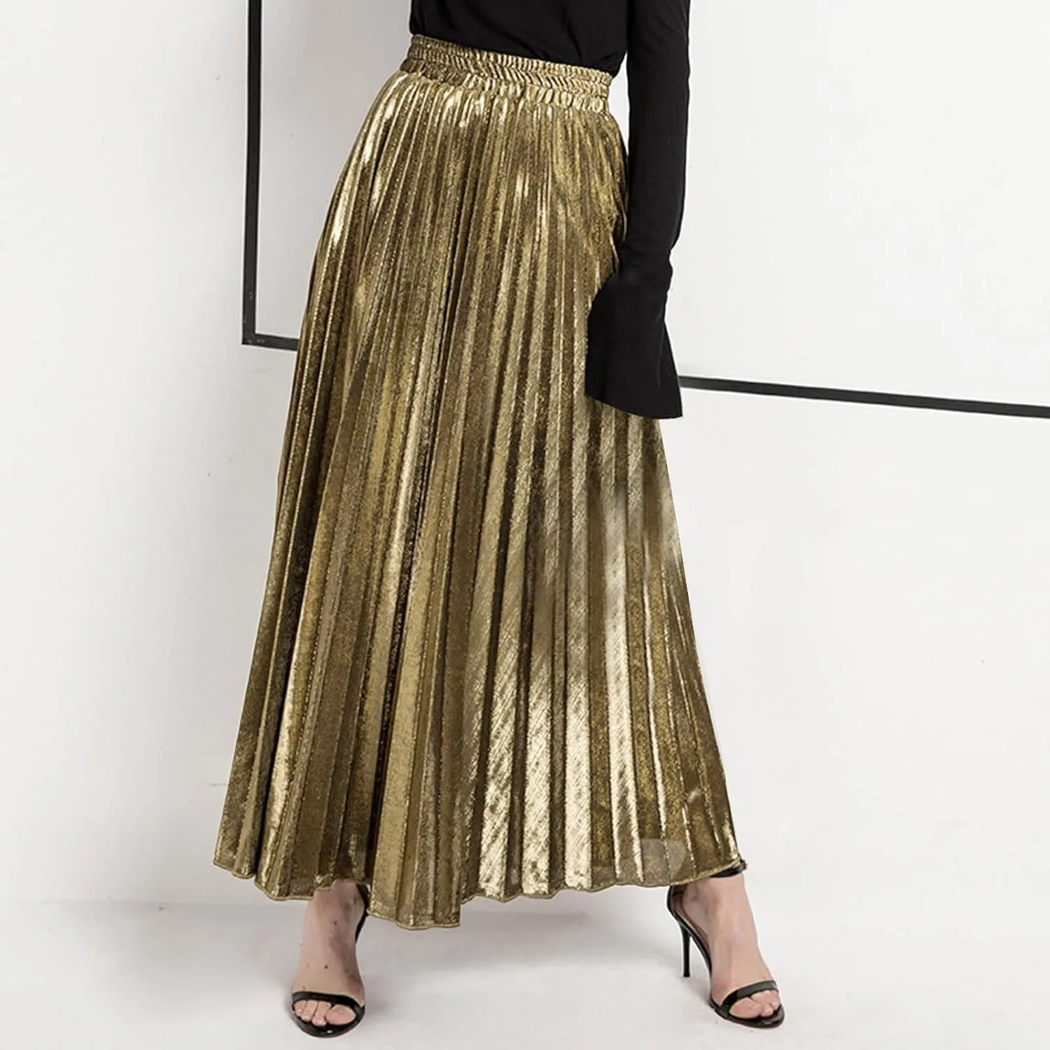 Women Pleated A-Line Swing Midi Skirts Elastic High Waist Boho Maxi Long Skirt Plus Size Big Swing Golden Spray