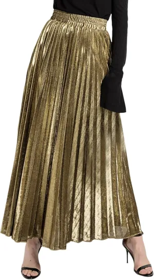 Women Pleated A-Line Swing Midi Skirts Elastic High Waist Boho Maxi Long Skirt Plus Size Big Swing Golden Spray