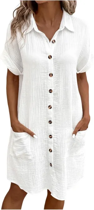 Women Summer Cotton Linen Button Down Dress Short Sleeve Dresses Floral V Neck Beach Tshirt Dress with Pockets 2025