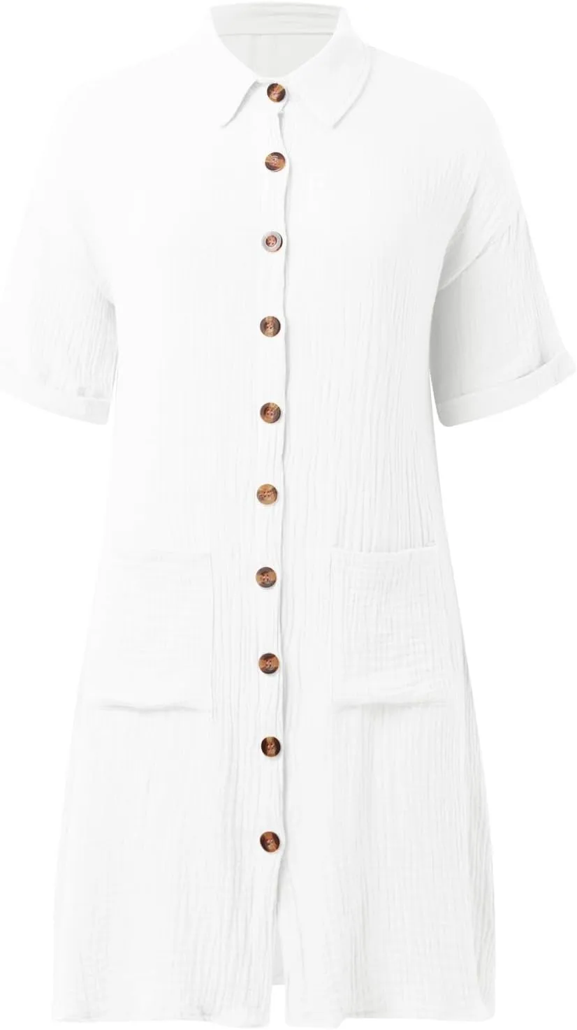 Women Summer Cotton Linen Button Down Dress Short Sleeve Dresses Floral V Neck Beach Tshirt Dress with Pockets 2025