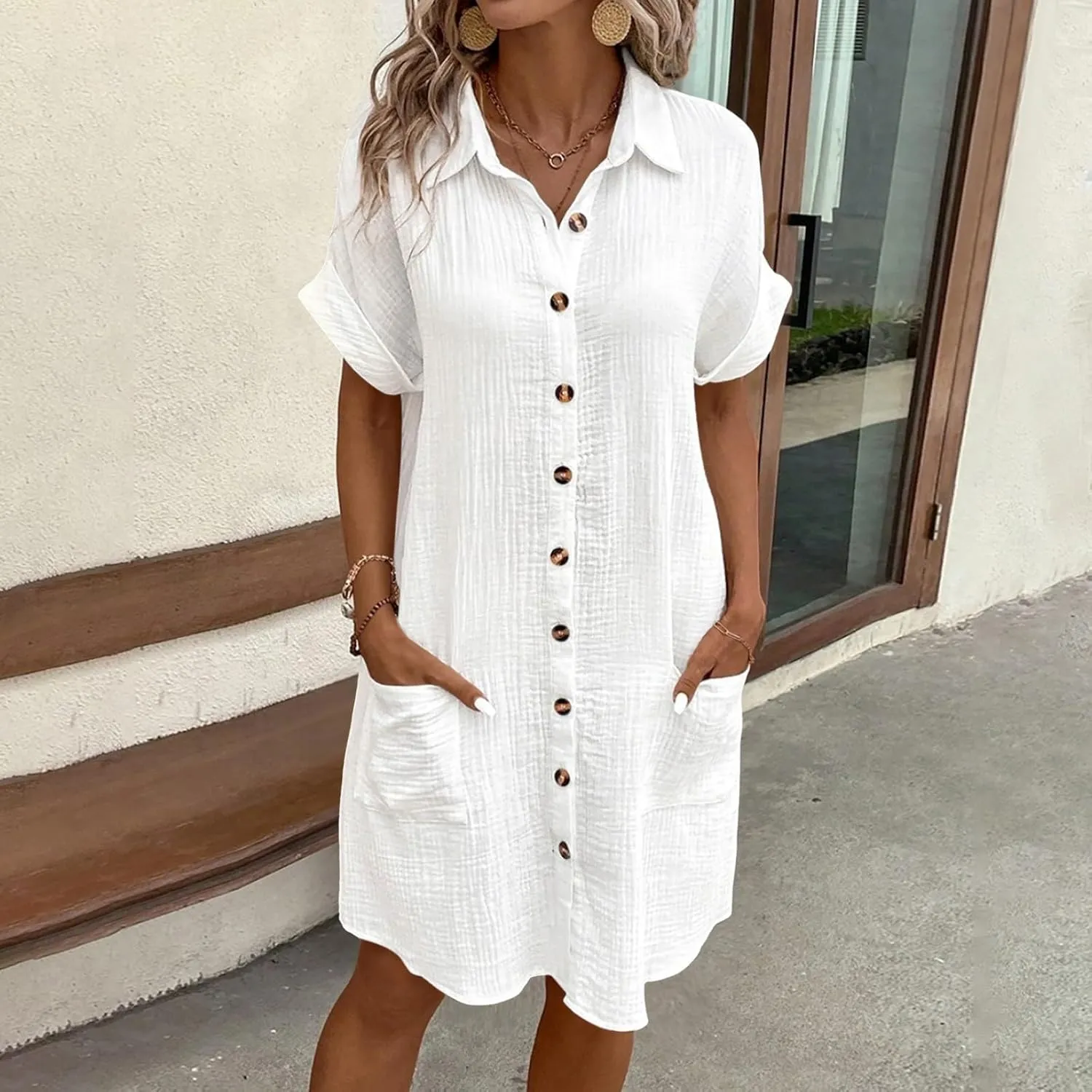 Women Summer Cotton Linen Button Down Dress Short Sleeve Dresses Floral V Neck Beach Tshirt Dress with Pockets 2025