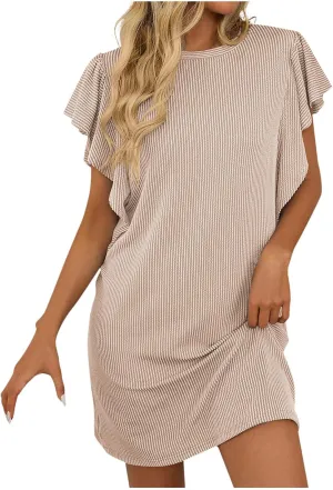 Women Summer Ruffle Sleeve Dresses Casual Beach Mini Dress Textured Striped Shift T-Shirt Dress Going Out Outfits