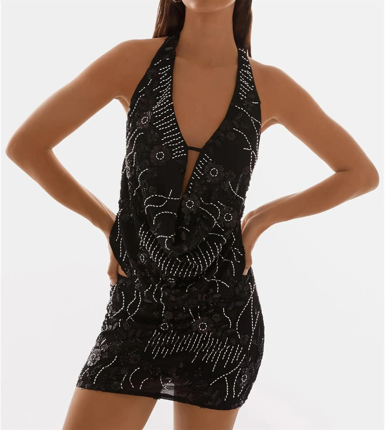 Women Y2k Sparkly Floral Sequin Halter Cowl Neck Beaded Vest Sexy Glitter Rhinestone Backless Embellished Rave Camisole