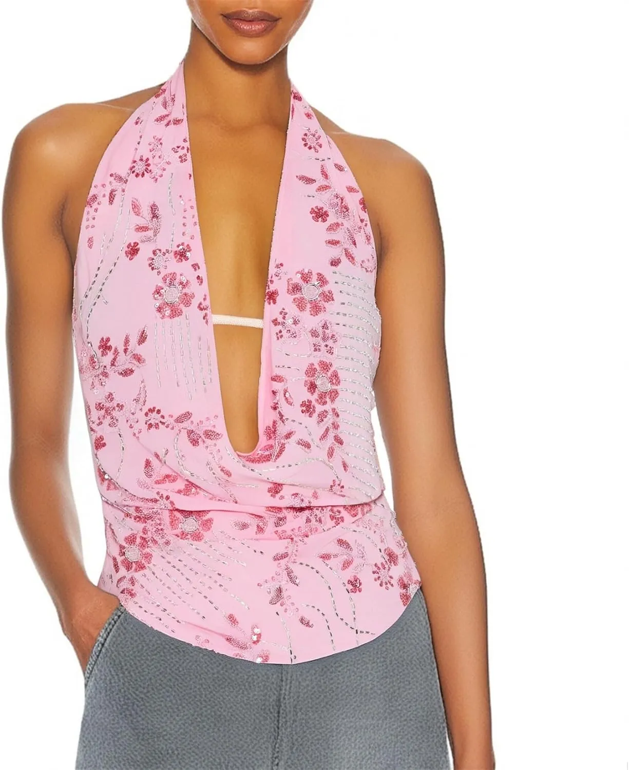 Women Y2k Sparkly Floral Sequin Halter Cowl Neck Beaded Vest Sexy Glitter Rhinestone Backless Embellished Rave Camisole