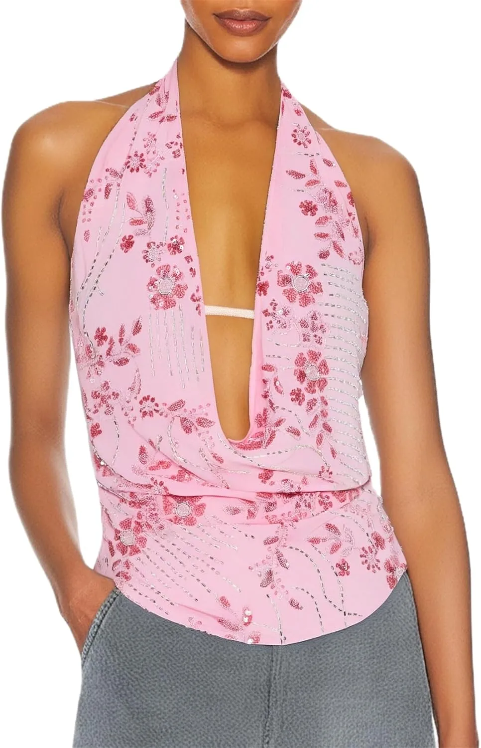 Women Y2k Sparkly Floral Sequin Halter Cowl Neck Beaded Vest Sexy Glitter Rhinestone Backless Embellished Rave Camisole
