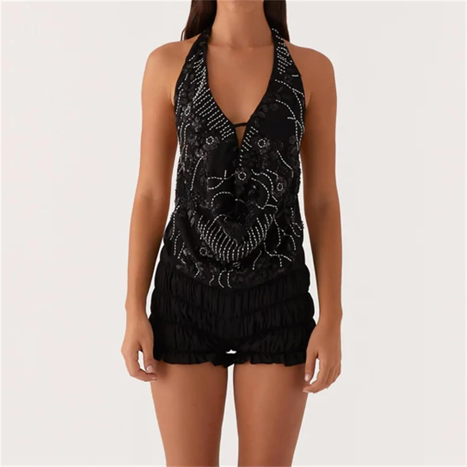 Women Y2k Sparkly Floral Sequin Halter Cowl Neck Beaded Vest Sexy Glitter Rhinestone Backless Embellished Rave Camisole