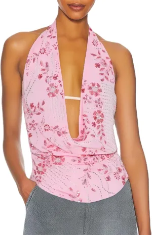 Women Y2k Sparkly Floral Sequin Halter Cowl Neck Beaded Vest Sexy Glitter Rhinestone Backless Embellished Rave Camisole