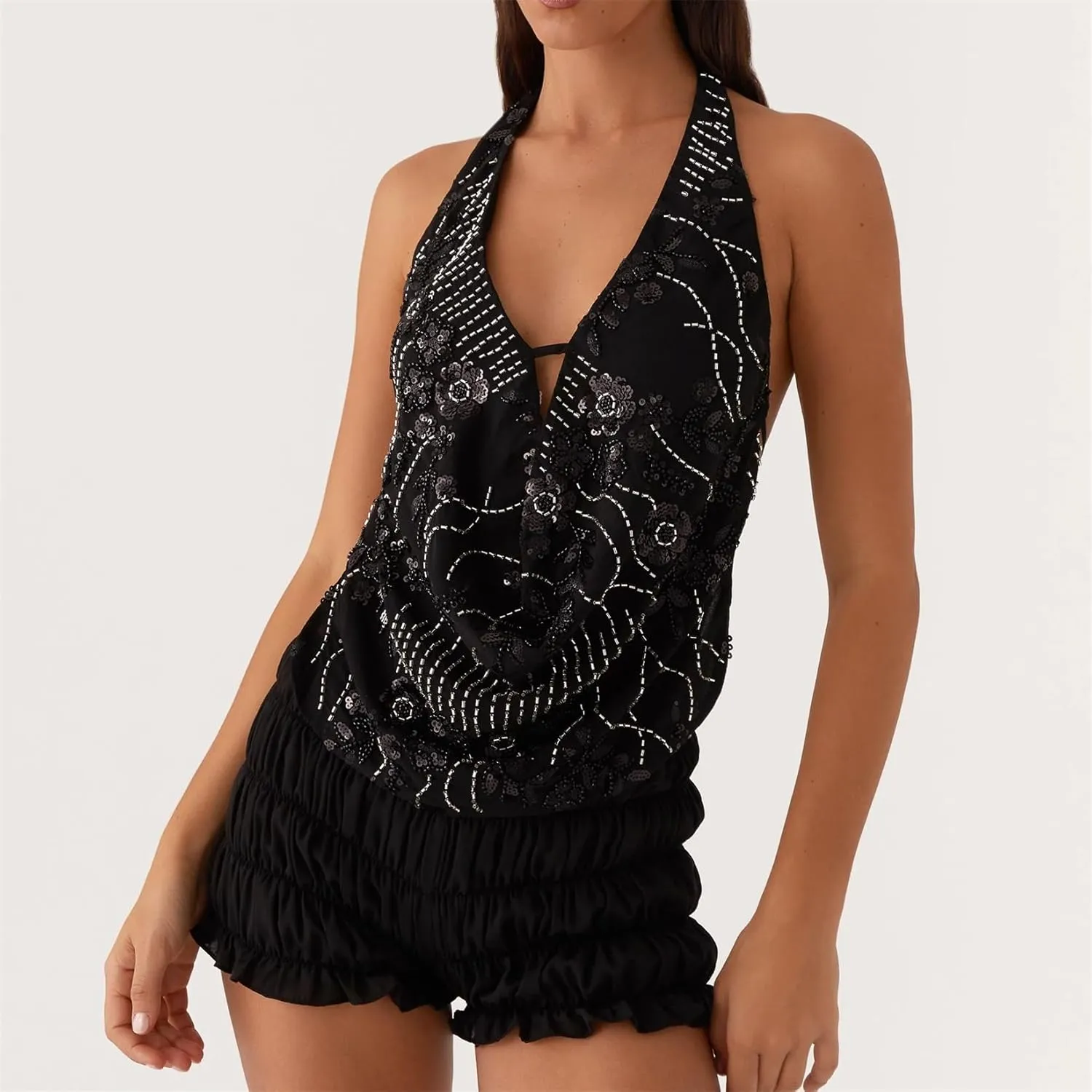 Women Y2k Sparkly Floral Sequin Halter Cowl Neck Beaded Vest Sexy Glitter Rhinestone Backless Embellished Rave Camisole