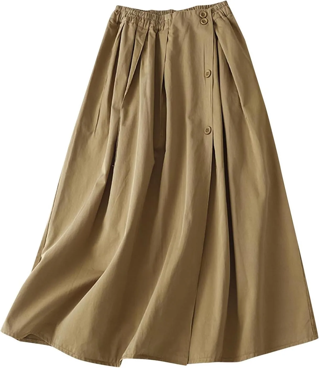 Women's 2024 Summer Fashion Elastic High Waist Midi Skirt Casual Vintage A-Line Pleated Split Button Skirts with Pockets