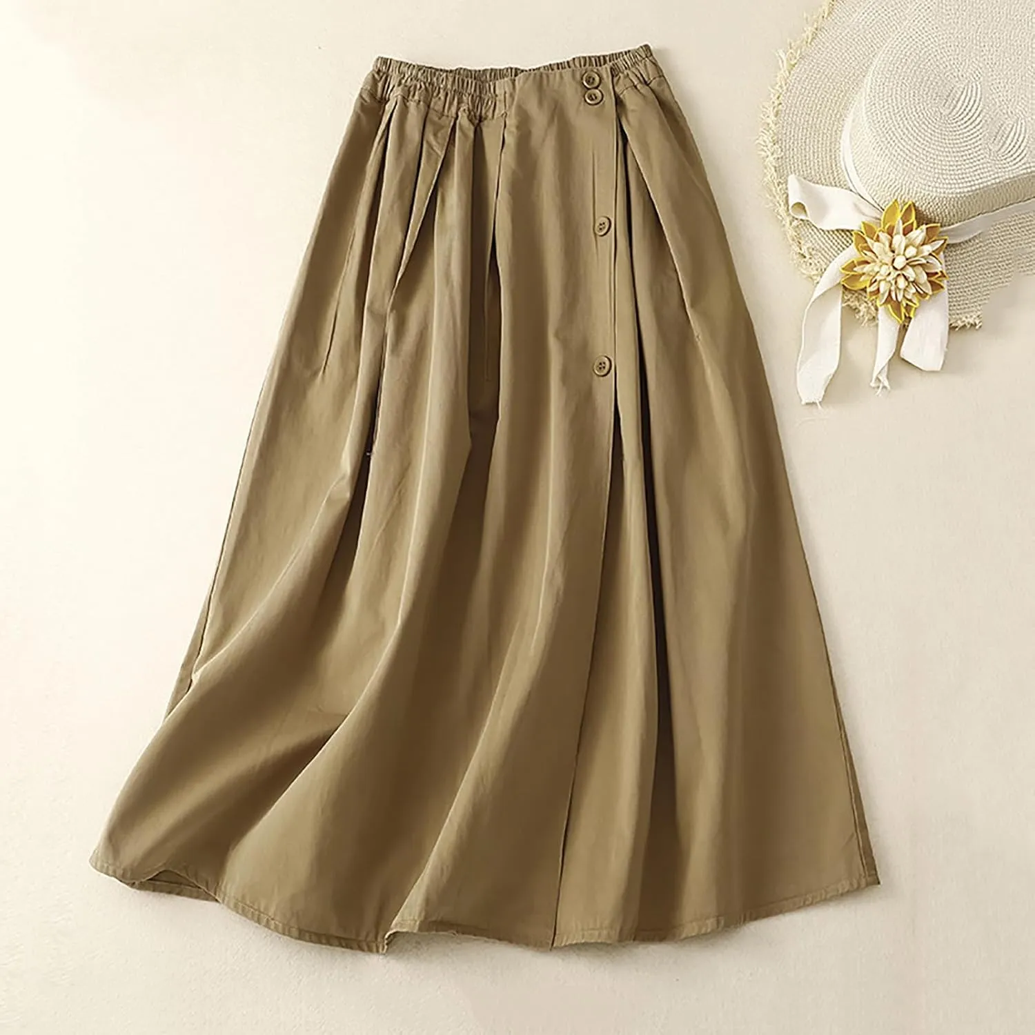 Women's 2024 Summer Fashion Elastic High Waist Midi Skirt Casual Vintage A-Line Pleated Split Button Skirts with Pockets