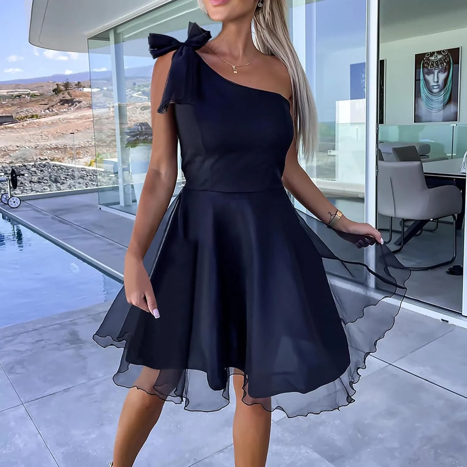 Women's 2025 Bohemian Summer Lace Mesh Solid One Shoulder Sleeveless Smocked Ruffle Tiered Beach Long Midi Dresses